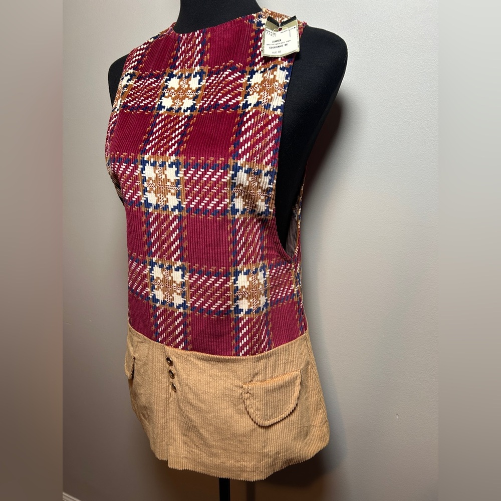 Vintage 70s Plaid Corduroy Jumper Dress Mod Patchwork Mini Deadstock - Picture 2 of 8